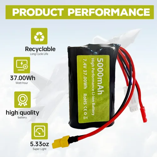 Vista 5 de sea jump Batería de iones de litio de 7.4V 5000mAh 2S con enchufe JST y enchufe XT30 con cable de carga USB adecuado para TX16S, TX18S, RC4GS