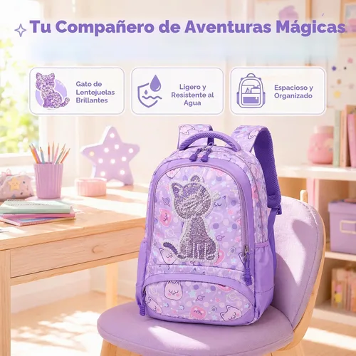 Vista 7 de Mochila de escuela primaria para niñas con lonchera, mochila de regreso a clases 01-lentejuela Púrpura