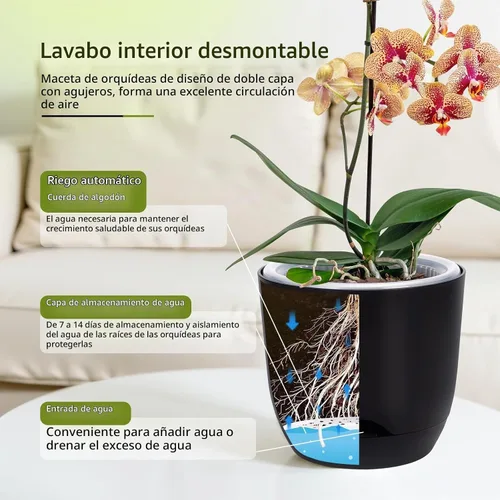 Vista 4 de QCQHDU Macetas de orquídeas de 5.7 pulgadas con agujeros para trasplantar, macetas de plástico de doble capa con riego automático para plantas