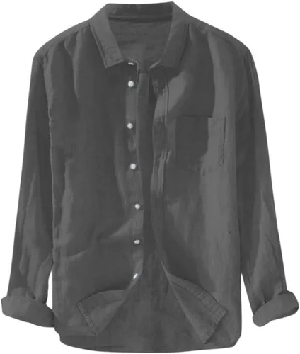 Vista 9 de Camisa de lino para hombre, manga larga, cómoda, abotonada, lisa, ligera, holgada, con bolsillos