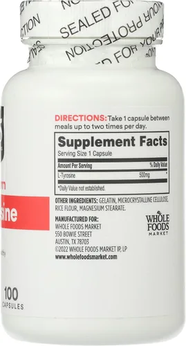 Vista 6 de Whole Foods Market, L Tirosina 500 Mg, 100 Cápsulas