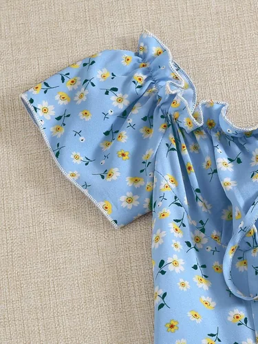Vista 3 de Floerns Vestido de manga corta floral con volantes y lazo frontal para mujer