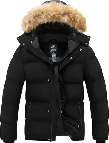 Vista 8 de wantdo Abrigo de invierno con capucha para hombre, chaqueta acolchada impermeable, cálida chaqueta de invierno