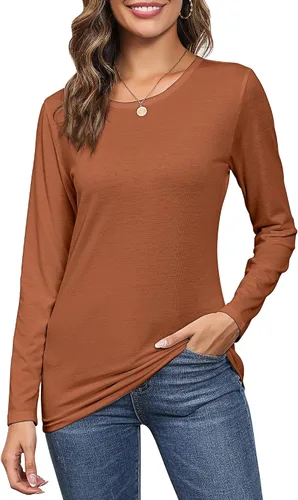 Vista 2 de 2 camisetas de manga larga para mujer, cuello redondo, ajustadas, básicas, blusas