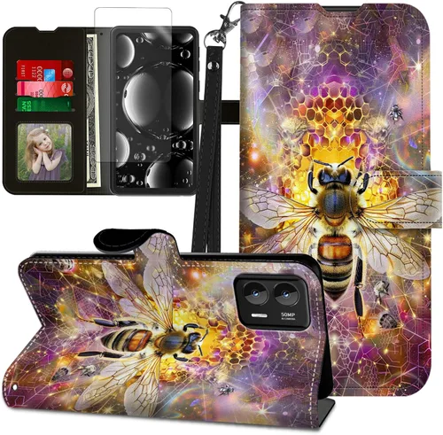 Vista 46 de Funda para Motorola Edge 2022 con protector de pantalla, soporte y tarjetero y correa para la muñeca, funda magnética para Moto Edge 2022 5G UW Lobo