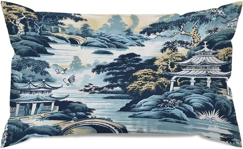 Vista 36 de Chinoiserie - Fundas de almohada decorativas de porcelana azul y blanca con patrón de edificios de estilo chino de 12 x 20 pulgadas, fundas de cojín