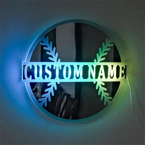 Vista 4 de Espejo de béisbol personalizado para pared, espejo personalizado con nombre de jugador de béisbol con luz LED, letrero de neón acrílico de béisbol