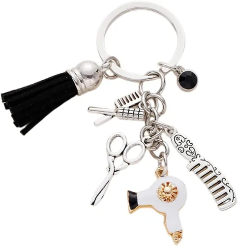 Vista 9 de Fuqimanman2020 Peine tijeras secador de pelo llavero con borla y diamante negro encanto peluquero estilista regalo joyería