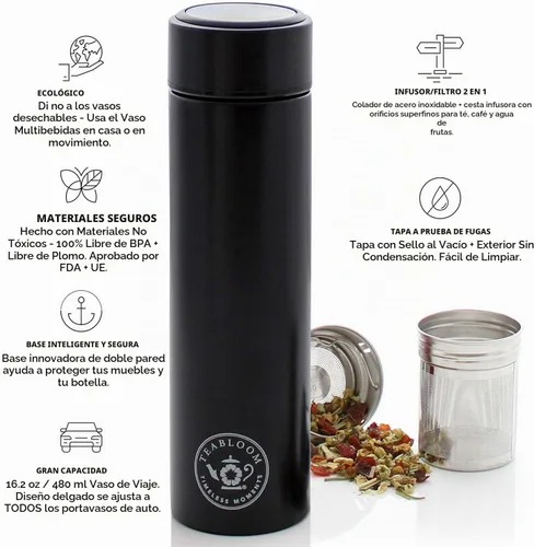 Vista 2 de Teabloom - El vaso y termo de viaje ORIGINAL All-Brew El favorito de OPRAH Botella de agua aislada de 16oz/480ml / frasco de té / taza de café