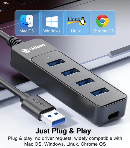 Vista 6 de Concentrador USB 3.0, extensor USB 3.0 de 5 puertos con puerto de alimentación USB C de 5V, divisor USB A puerto Hub para laptop, PC, coche, PS4/5