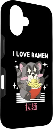 Vista 3 de iPhone 16 I Love Ramen Cute Kawaii Raccoon Eats Ramen Japanese Anime Case