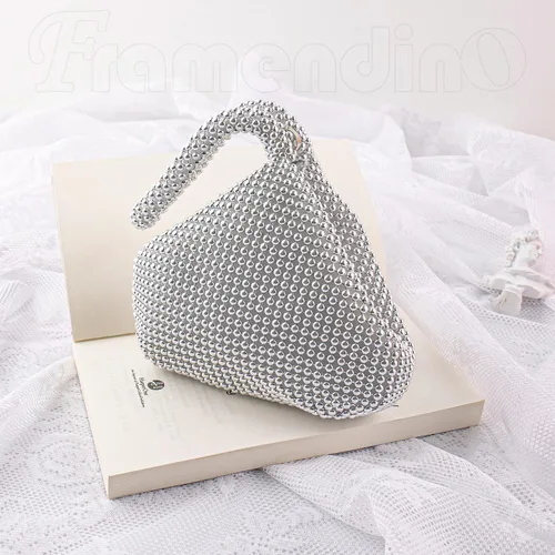 Vista 7 de Framendino, Bolso triangular, con estrás de estrás, bolso de noche, bolso de mano de lentejuelas, bolsa de lujo con cremallera