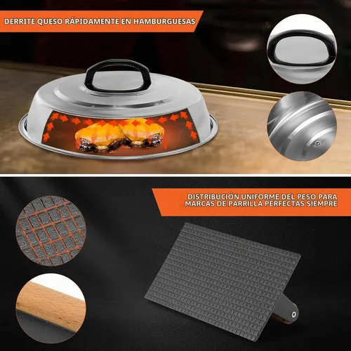 Vista 3 de BBQ Accessories - Cubierta redonda de acero inoxidable de 12 pulgadas, cúpula de fusión de queso, kit de prensa rectangular de hierro fundido