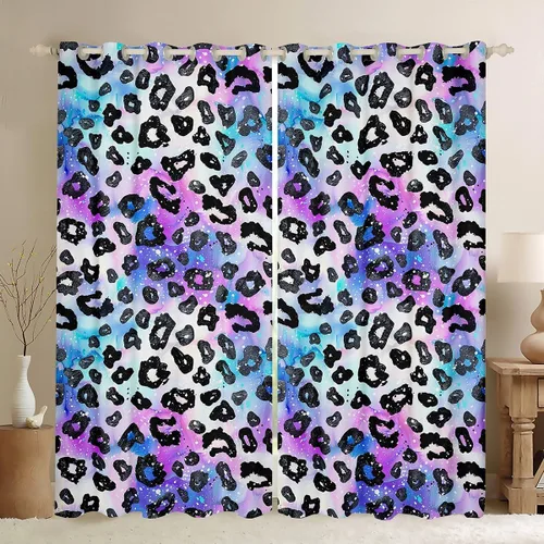 Vista 18 de Feelyou Cortinas de ventana de leopardo para decoración de dormitorio, cortina de guepardo africano, diseño de leopardo arcoíris, cortinas de Multi