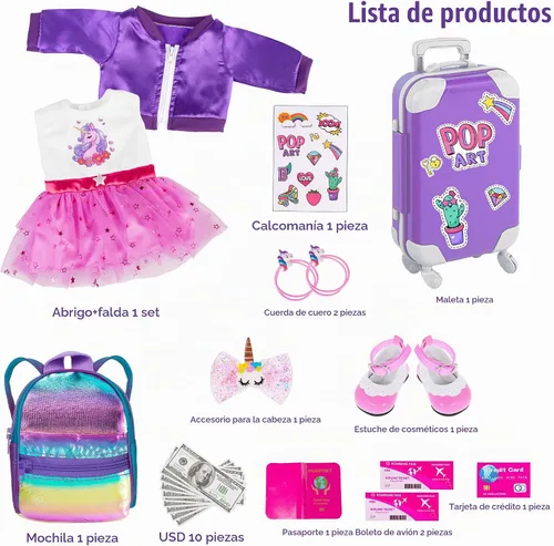 Vista 2 de ebuddy Juego de ropa para muñecas de 18 pulgadas y accesorios de viaje, juego con temática de unicornio para muñecas de 18 pulgadas, incluye Suite