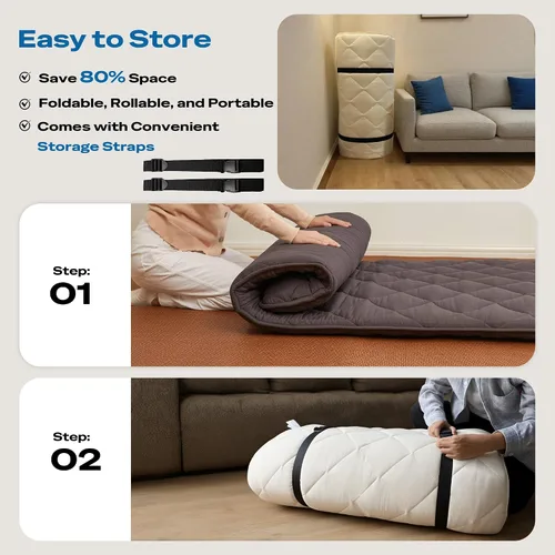 Vista 6 de Shikibuton - Colchón japonés para suelo, colchón futón de algodón con relleno de espuma de alta densidad (diseño de 5 capas), colchón plegable