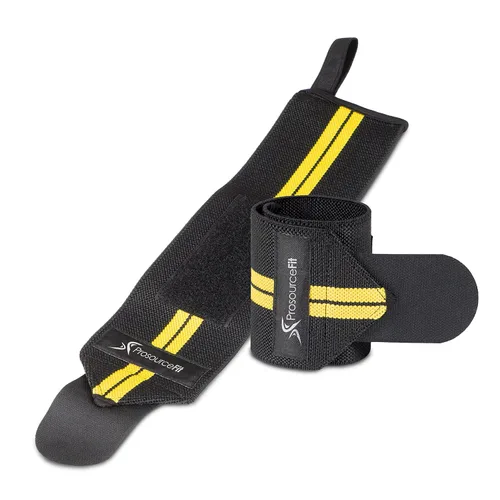 Vista 7 de ProsourceFit Par de muñequeras para levantamiento de pesas con barra con lazo para el pulgar, color rojo