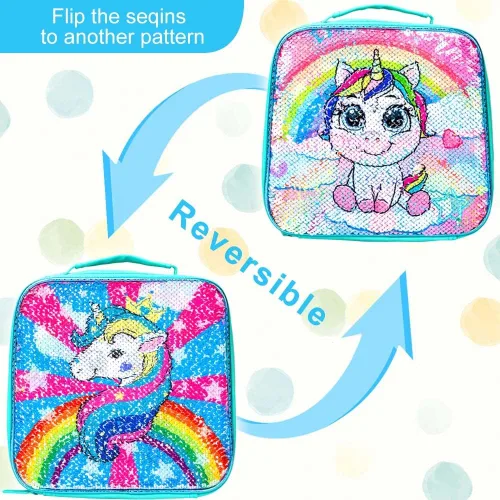 Vista 6 de 3 mochilas para niñas pequeñas, 12 pulgadas, con lentejuelas de unicornio y lonchera