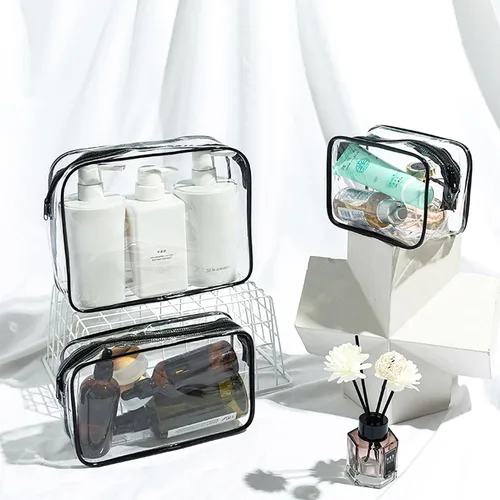 Vista 4 de Paquete de 4 bolsas de almacenamiento de maquillaje transparentes para bolsa de playa, accesorios con ganchos mosquetón, Claro, Bolsa