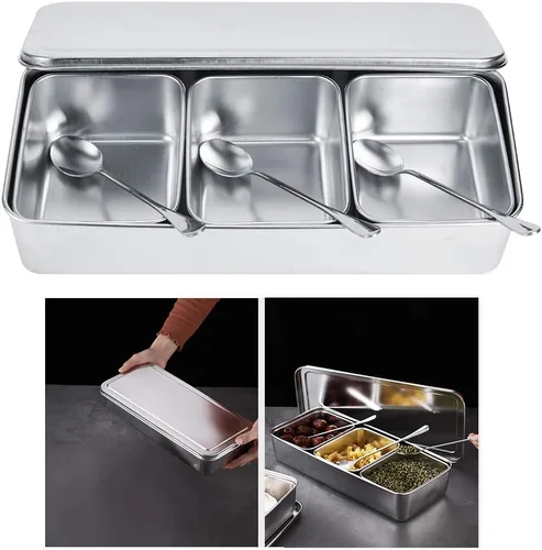 Vista 3 de Servidor de condimentos, tarro de condimentos de acero inoxidable de grado alimenticio de 21 onzas con cuchara y tapa, 3 compartimentos extraíbles