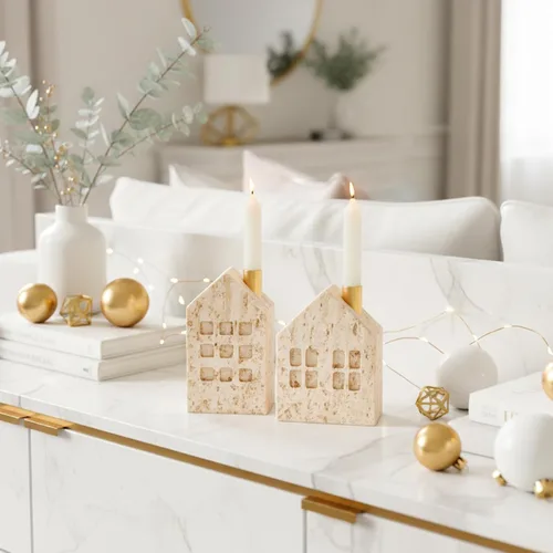 Vista 8 de DN DECONATION - Juego de 2 portavelas de Navidad, portavelas de casa with Metal Chimney for Taper Candles, Boho Travertine-Style Holiday Table