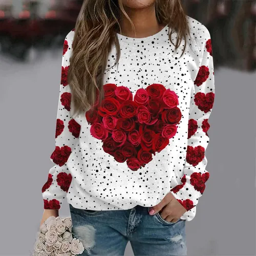 Vista 4 de Camisetas para el día de San Valentín para mujer, con estampado de corazón, manga larga, cuello redondo, sudadera casual