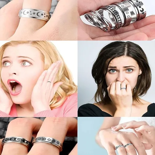 Vista 8 de Tatibana Anillo de ansiedad para mujeres y hombres, 6 anillos plateados de acero inoxidable antiansiedad con cuentas, anillo giratorio para aliviar