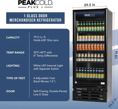 Vista 6 de PEAKCOLD + Refrigerador vertical de 1 puerta - Refrigerador comercial negro de 19.2 pies cúbicos de bajo consumo con puerta de vidrio
