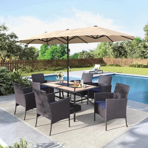 Vista 22 de MFSTUDIO Juego de comedor al aire libre para 4, juegos de comedor de 5 piezas, mesa de patio y sillas para 4 con paraguas, juego de muebles de Beige