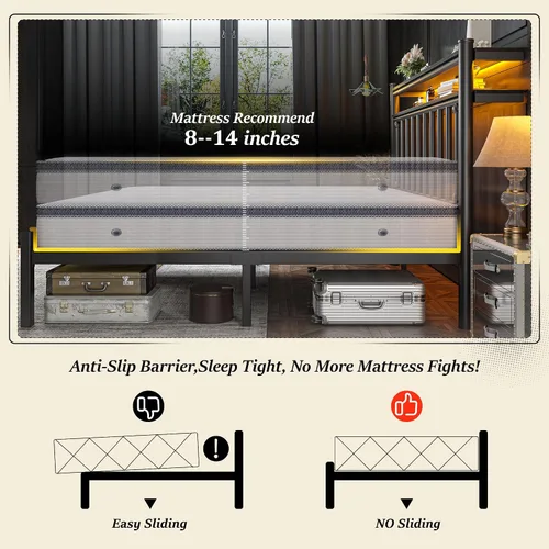 Vista 8 de Homkdom Base de cama de metal de tamaño individual con luces LED inteligentes y cabecera de almacenamiento de 2 niveles, base de colchón resistente