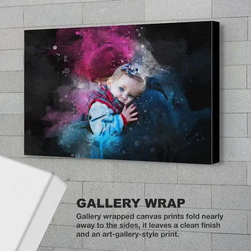 Vista 3 de Awesometik Retrato personalizado Ilustración de acuarela personalizada Padre e hija Acuarela con fondo oscuro Impresión en lienzo Regalo del Día