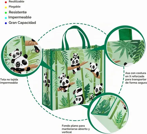 Vista 5 de NymphFable Panda - Bolsas de compras, paquete de 5 bolsas reutilizables