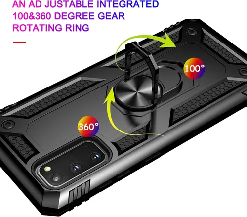 Vista 5 de Androgate Funda para Samsung Galaxy S20 FE con protectores de pantalla de cristal, soporte de anillo de metal de grado militar con soporte de Negro