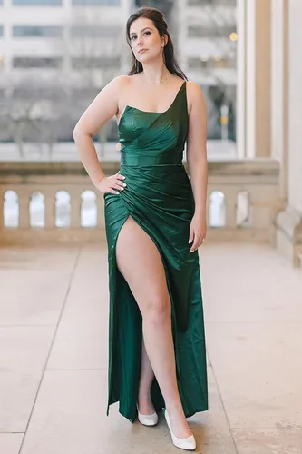 Vista 6 de Vestidos de dama de honor de un hombro para mujer, vestidos de sirena de satén con abertura, vestidos de fiesta formales plisados PA382