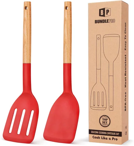 Vista 8 de Paquete de 2 espátulas de cocina de silicona, espátulas sólidas resistentes al calor, espátulas ranuradas antiadherentes con mango corto de madera
