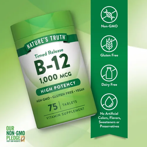 Vista 3 de Nature's Truth Vitamina B12 1000 mcg 75 tabletas de liberación temporal Suplemento vegano, sin OMG y sin gluten