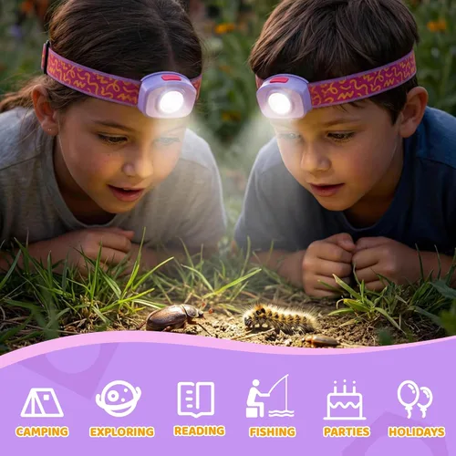 Vista 6 de EverBrite Linterna frontal LED recargable para niños con modo RGB y diadema ajustable, 3 modos multicolor para acampar, leer, explorar, Halloween