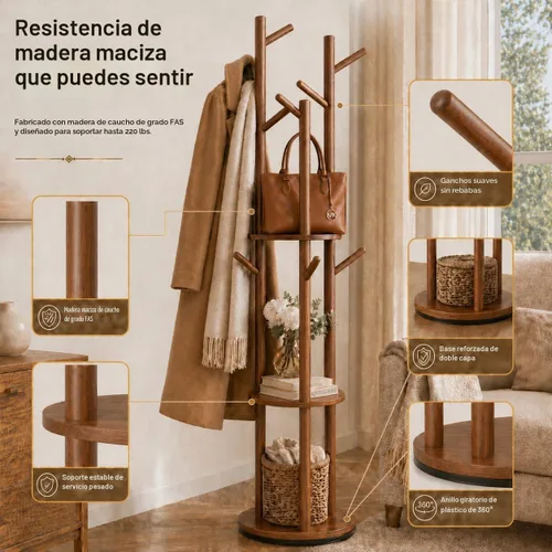 Vista 6 de Perchero giratorio de madera maciza independiente, árbol de 360° con 3 estantes y 9 ganchos, soporte de madera de caucho resistente, perchero