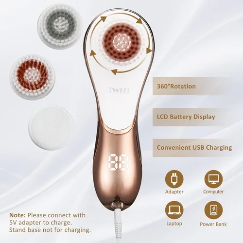 Vista 5 de Cepillo facial eléctrico recargable exfoliante facial IPX-7 impermeable rotativo limpiador de spa para exfoliación, masaje y limpieza profunda con 4