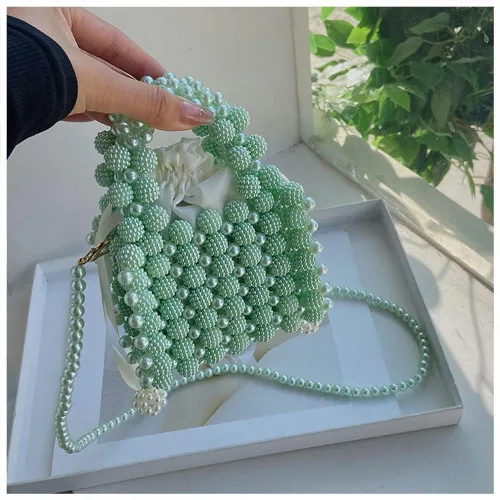 Vista 4 de Bolso de noche para mujer, lindo bolso de hobo bolso cruzado para mujer, bolso de perlas de diamantes de imitación, bolso tejido para fiesta, boda