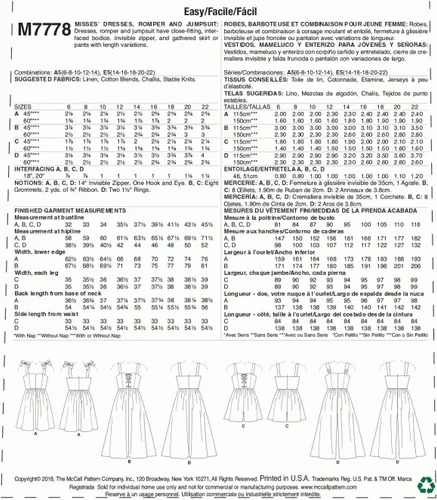Vista 2 de McCall 's Patterns - Patrones de costura para mujer, estampado de mameluco y mameluco, A5 (6-8-10-12-14), multicolor