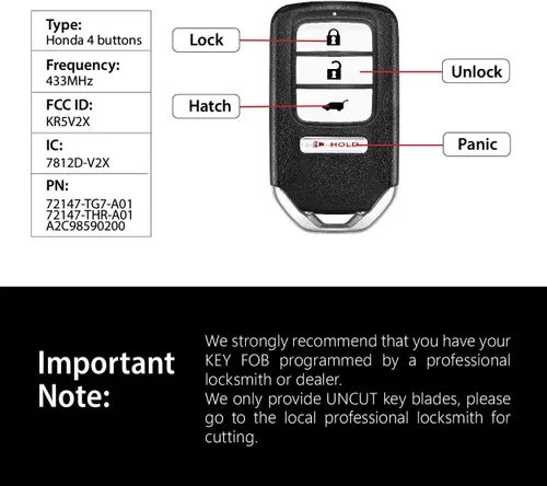 Vista 3 de Repuesto para Honda Civic Odyssey Pilot LX CR V 2017 2018 2019 2020 Control remoto KR5V2X 4 botones 433MHz
