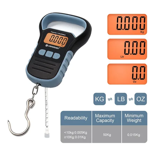 Vista 2 de Báscula de pesca impermeable con pinza de labio, báscula de equipaje colgante postal de 110 libras con gancho, báscula de mano digital con cinta
