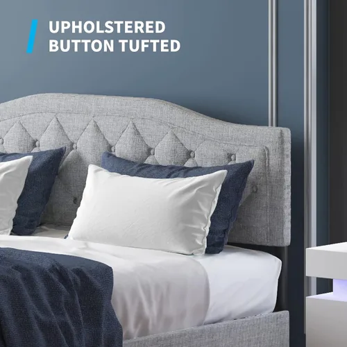Vista 3 de Mjkone Base de cama tamaño King con cabecera ajustable, marco de cama tapizado con diseño capitoné con botones, no necesita somier, base de cama