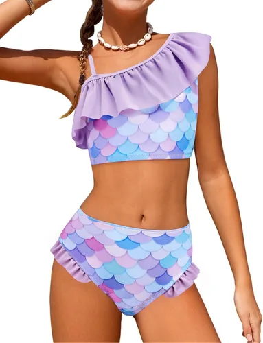 Vista 5 de Arshiner Traje de baño de dos piezas para niñas con volantes y ondas estampado, conjunto de bikini, traje de baño para niña con almohadilla
