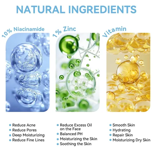 Vista 4 de Suero de niacinamida 10% + 1% zinc, para el acné, minimizar los poros y el control del brillo, suero facial iluminador diario, no comedogénico