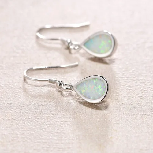 Vista 3 de FANCIME - Aretes colgantes de plata de ley con ópalo de octubre, aretes colgantes de lágrima blancaazul, aretes de gota de piedra natal de octubre