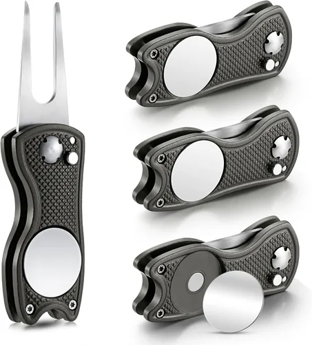 Vista 16 de Skylety 4 piezas herramienta de reparación de divot de golf plegable de metal con botón emergente magnético, marcador de bolas de acero inoxidable