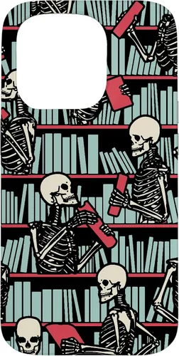 Vista 14 de iPhone 16 Bookish Public Library Skeleton Goth Librarian Books Pattern Case