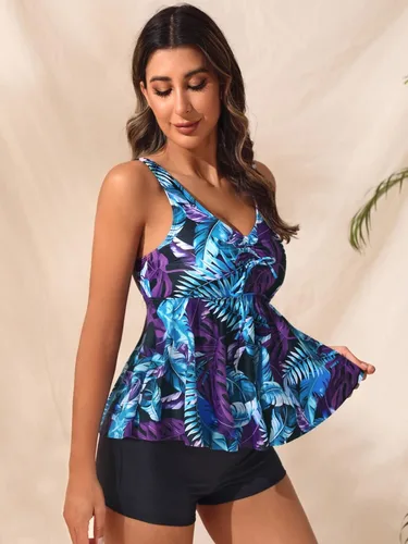 Vista 4 de WDIRARA Traje de baño tankini de 2 piezas con estampado tropical para mujer con pantalones cortos y volantes Boho